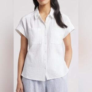 Thread & Supply White Short Sleeve Button Down Shirt 100% Cotton Size S